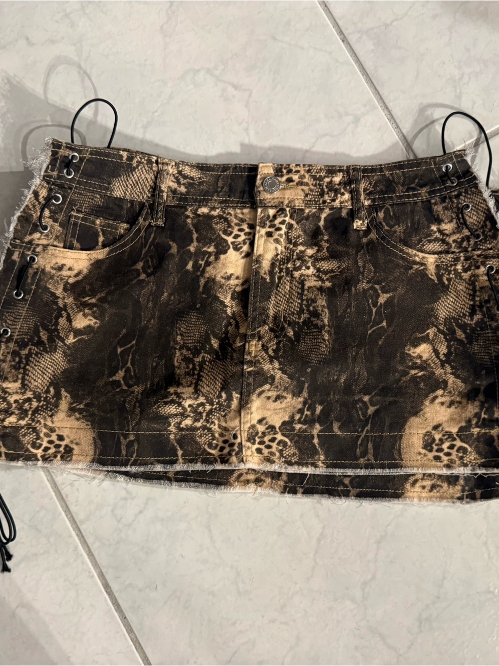 Snake Print Denim Mini Skirt - Brown/Black lace up sides